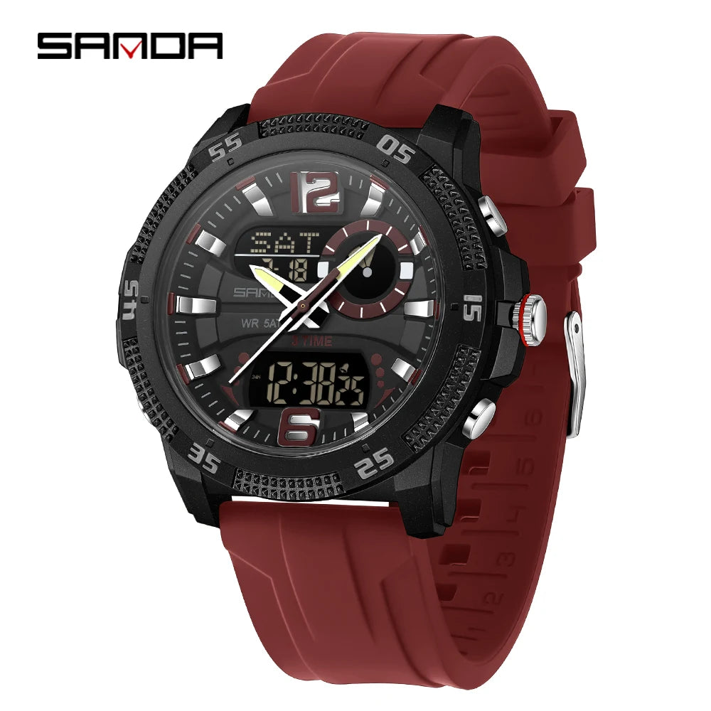 Montres de luxe pour homme SANDA Fashion : montre-bracelet à quartz analogique et numérique, style sportif, décontractée, étanche, avec chronographe en silice