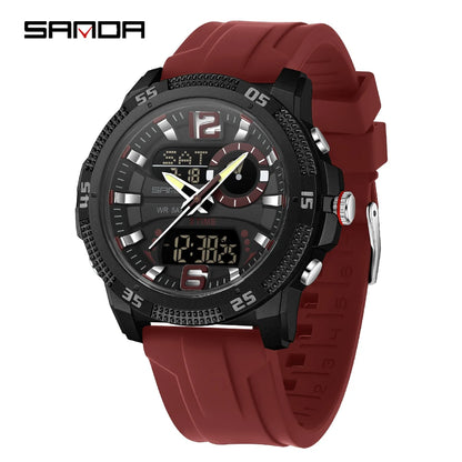 Montres de luxe pour homme SANDA Fashion : montre-bracelet à quartz analogique et numérique, style sportif, décontractée, étanche, avec chronographe en silice