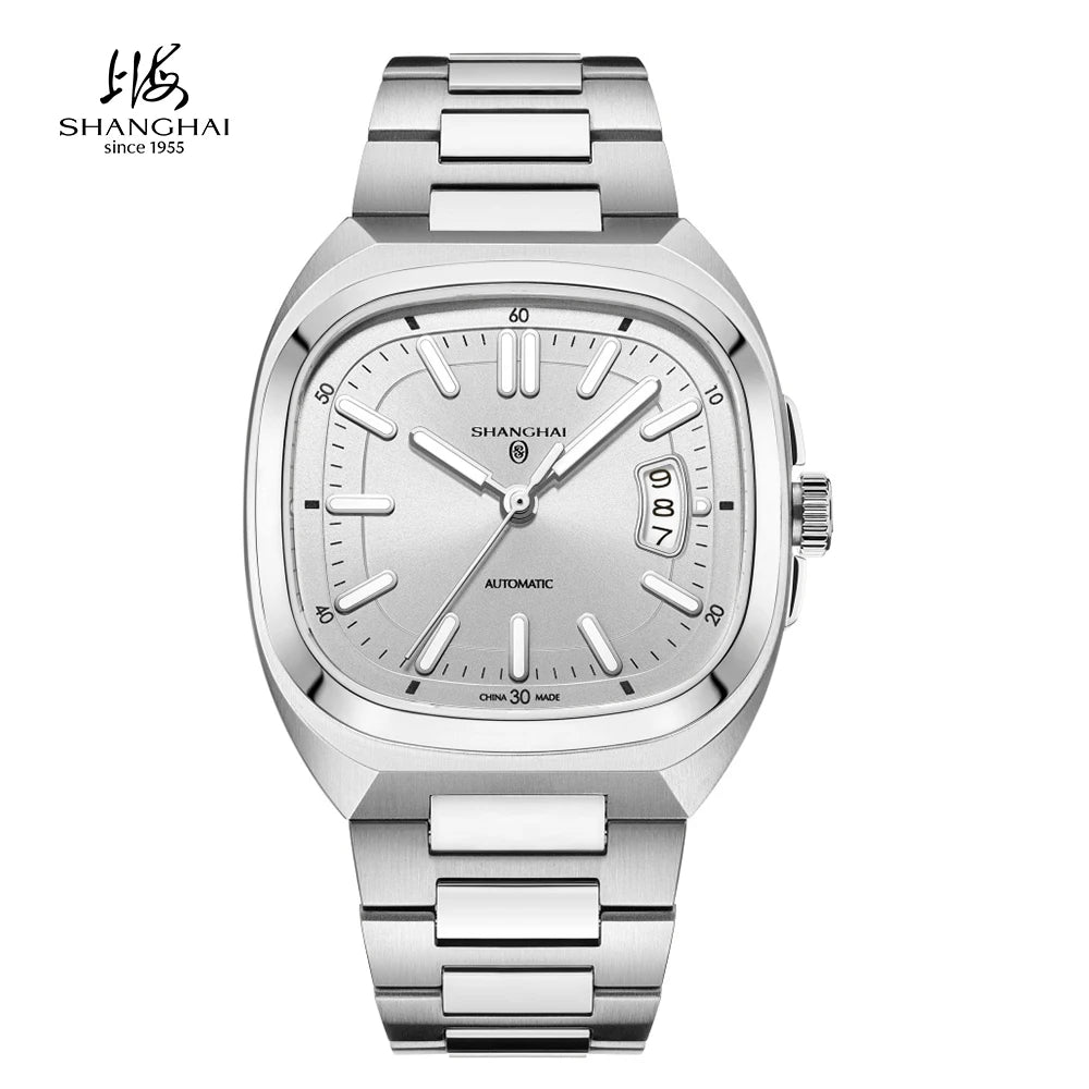 Montre pour homme Shanghai Watch, mécanique automatique, cadran carré, luminescente, étanche jusqu'à 50 m, affichage de la date, montre-bracelet décontractée SH018