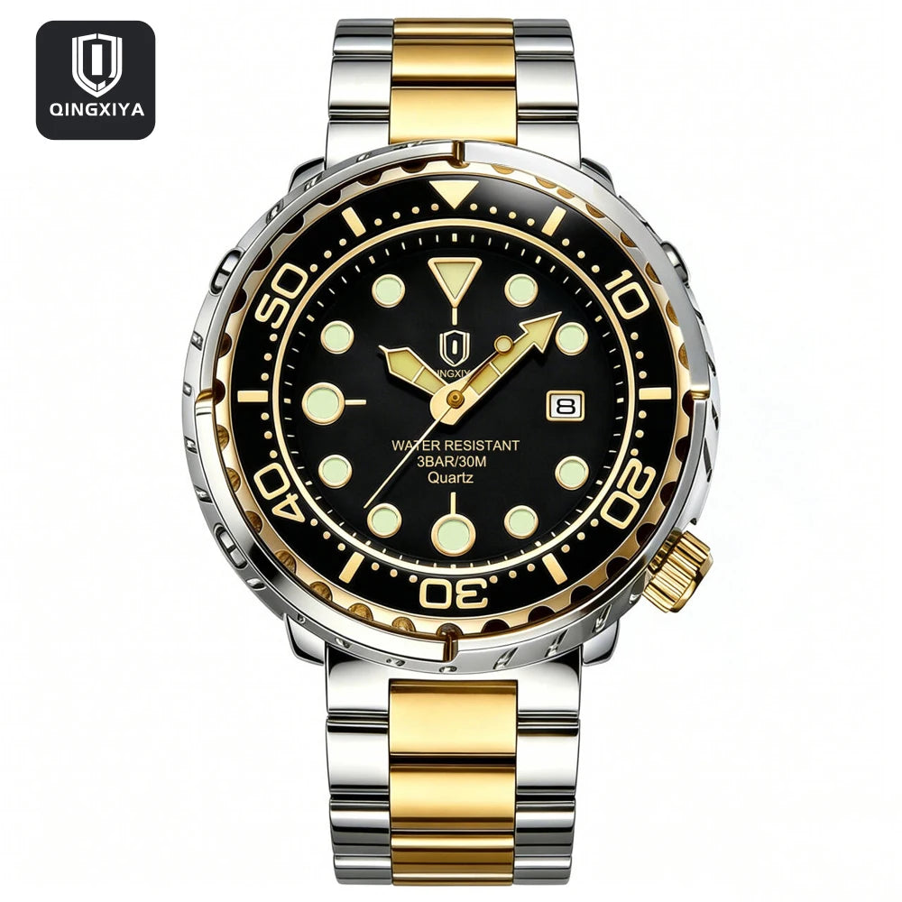 Montres pour homme QINGXIYA : montres de luxe à quartz pour homme, tendance, étanches, luminescentes, avec date et cadran rotatif, en acier inoxydable