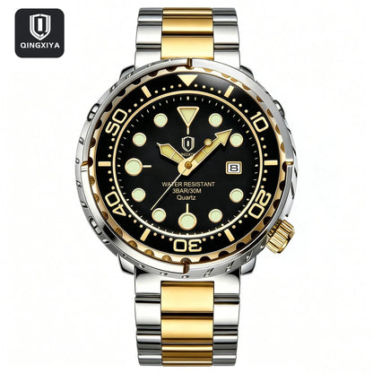Montres pour homme QINGXIYA : montres de luxe à quartz pour homme, tendance, étanches, luminescentes, avec date et cadran rotatif, en acier inoxydable