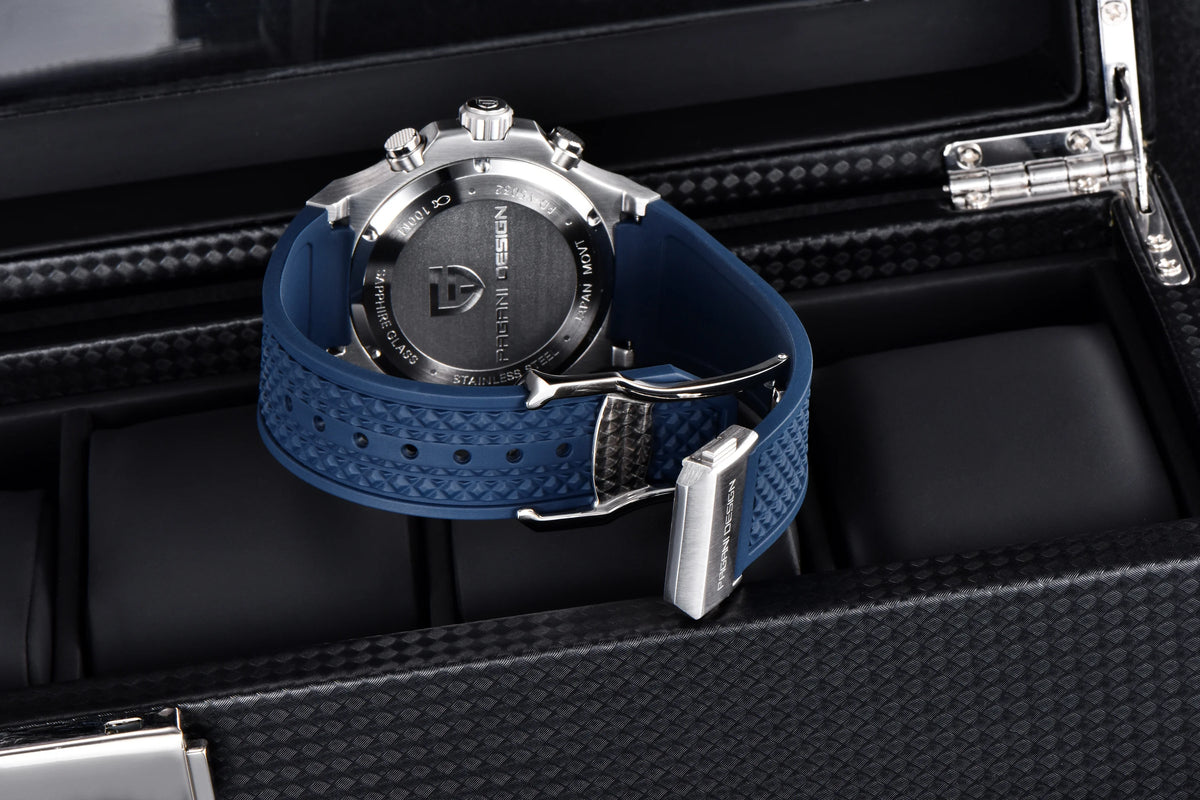 Orologio da uomo PAGANI DESIGN – Cronografo sportivo di lusso in oro rosa, dotato di un movimento al quarzo giapponese VK64 e di un cinturino in gomma fluorurata.