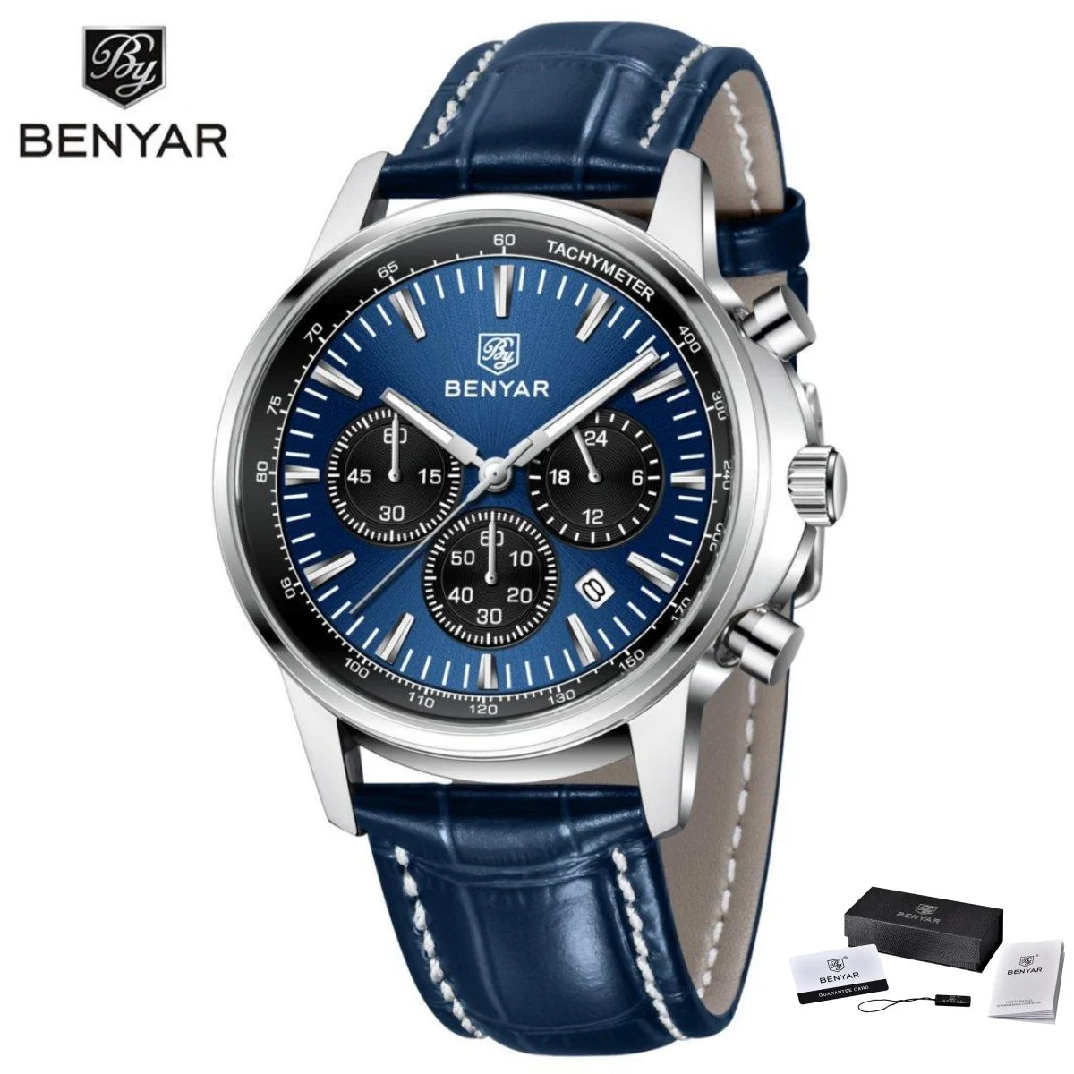 Orologio di lusso da uomo Benyar – Cronografo con datario, cinturino in pelle, impermeabile, luminescente, stile sportivo e militare, orologio al quarzo