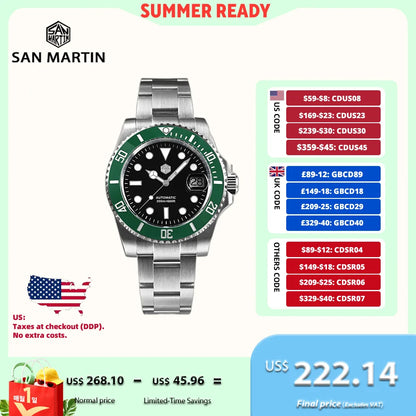 San Martin 40mm Water Ghost PT5000 Automatic Men Diving Watch Business Mechanical Sapphire Waterproof 20Bar Luxury BGW-9 SN0017D