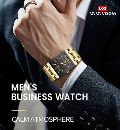 Herenzakelijk horloge, eenvoudig ontwerp, luxe mode, rechthoekig, zwart-goud, roestvrij staal, kalender, waterdicht, quartz, herenhorloges