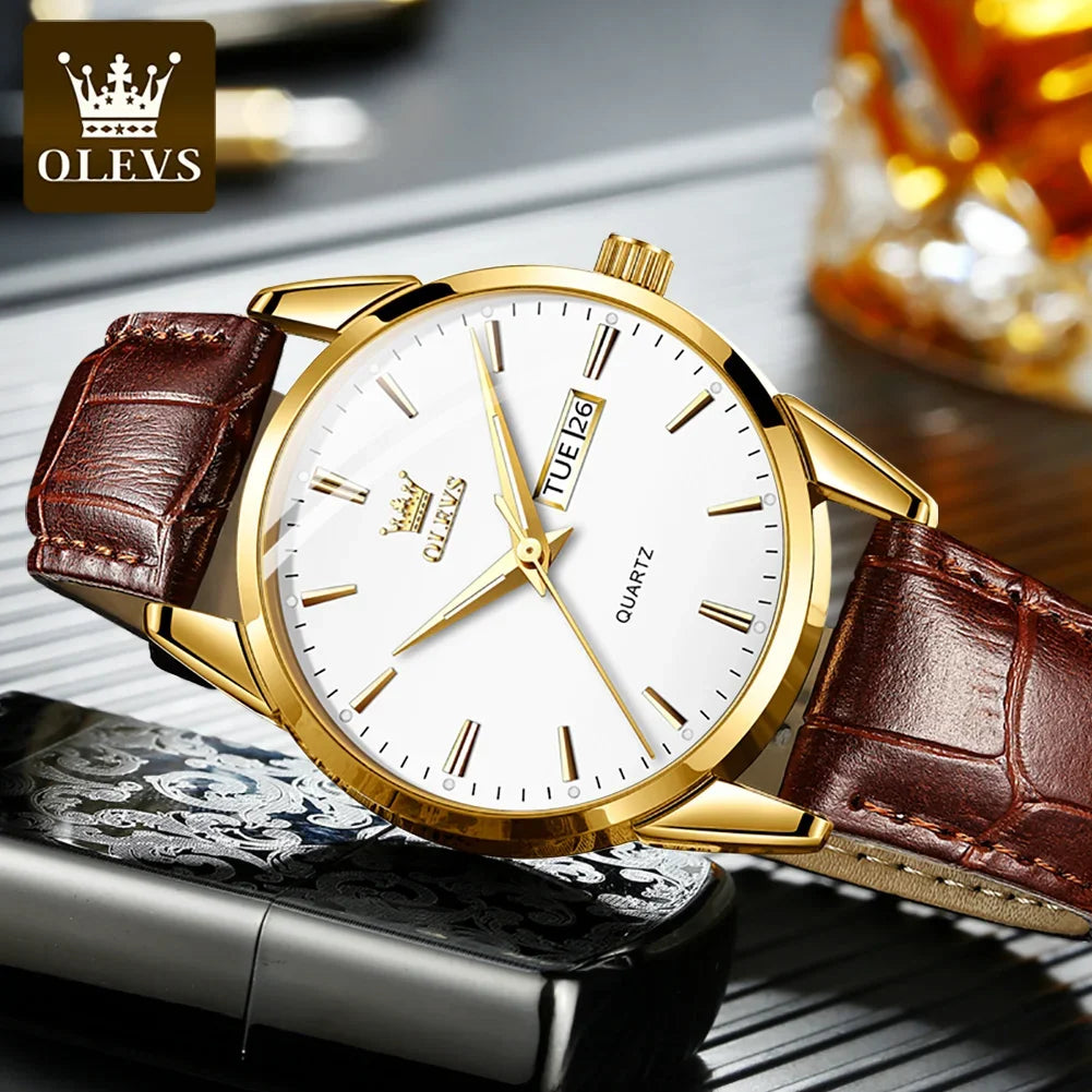 Montre à quartz OLEVS pour homme – Style luxe et élégant, bracelet en cuir, affichage de la date et du jour, étanche, idéale pour le travail