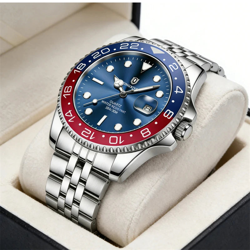 QINGXIYA Montres de luxe à quartz pour homme en acier inoxydable, étanches, avec date luminescente, montre-bracelet pour homme, reloj hombre