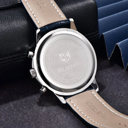 Orologio di lusso da uomo Benyar – Cronografo con datario, cinturino in pelle, impermeabile, luminescente, stile sportivo e militare, orologio al quarzo