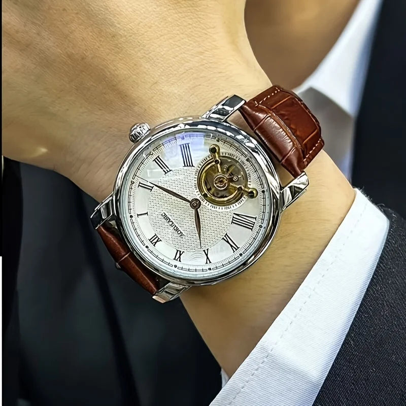 Orologio meccanico automatico da uomo – Elegante design scheletrato, stile «business casual» di tendenza, cassa in lega e cinturino in pelle, senza batteria