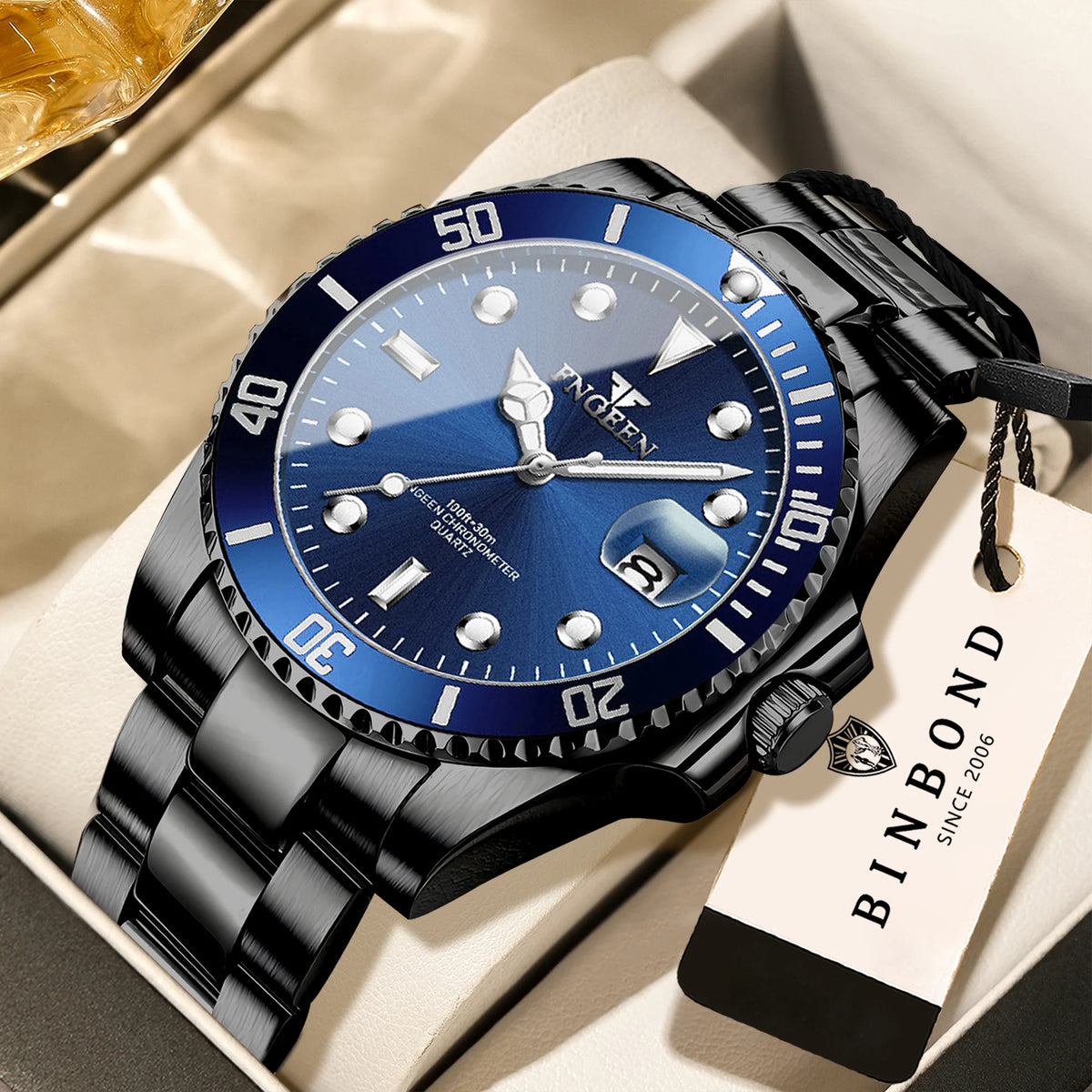 Orologio da polso al quarzo FNGEEN Son Brand di BINBOND con bracciale in acciaio inossidabile da uomo, luminescente e impermeabile, di lusso.
