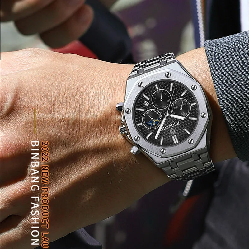 Montre-bracelet à quartz BINBOND pour homme, chronographe de luxe luminescent, en acier inoxydable, étanche, avec date et calendrier