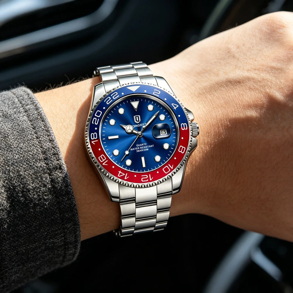 QINGXIYA Montres de luxe à quartz pour homme en acier inoxydable, étanches, avec date luminescente, montre-bracelet pour homme, reloj hombre