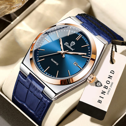 Relógio de pulso de luxo BINBOND com movimento de quartzo para homem – Impermeável, luminoso, com data automática – Estilo profissional, desportivo, moderno e descontraído – Pulseira em pele