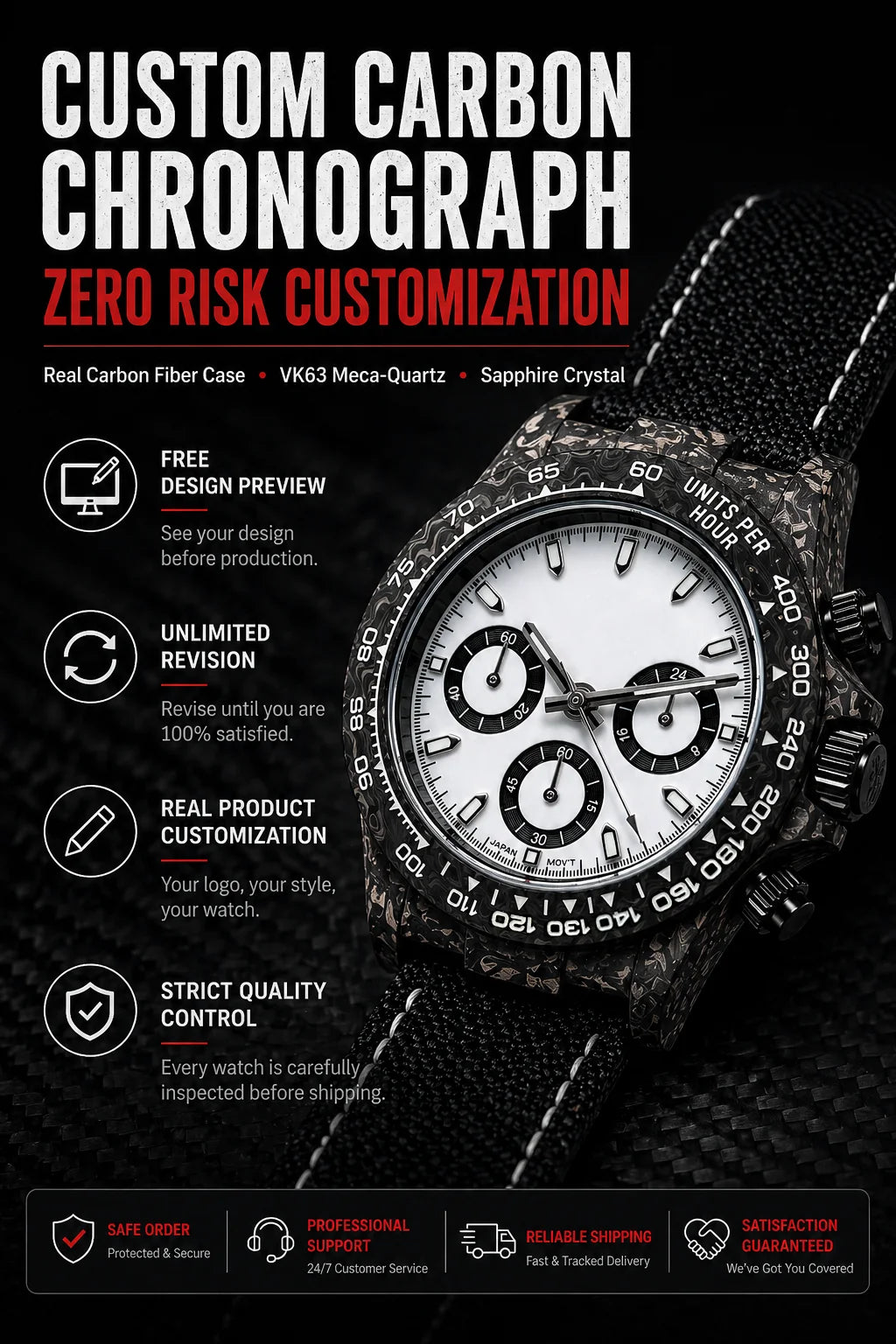 Montre chronographe « Panda » en fibre de carbone de 39 mm, VK63, quartz, verre saphir, logo personnalisé, pour homme, sportive