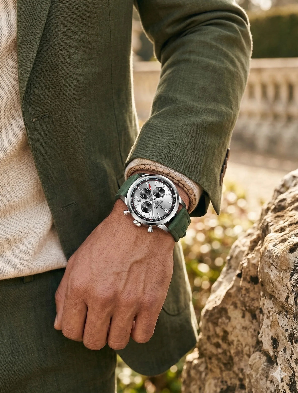 Orologio di lusso da uomo GOLDENHOUR – Cronografo al quarzo, quadrante verde, cinturino in pelle, impermeabile, luminescente, stile militare e sportivo