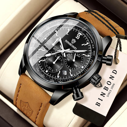 Orologio cronografo BINBOND al quarzo, robusto e preciso, da uomo, di lusso, con data automatica, luminescente e impermeabile, in stile casual.