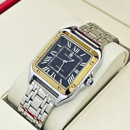 Montre carrée pour homme — Bracelet en acier inoxydable, affichage de la date