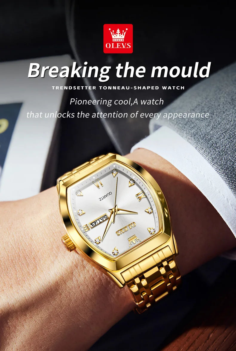 OLEVS Nouvelles montres pour homme Montres à quartz de luxe en or Montres classiques à cadran tonneau Montres à quartz étanches et luminescentes pour homme 5528