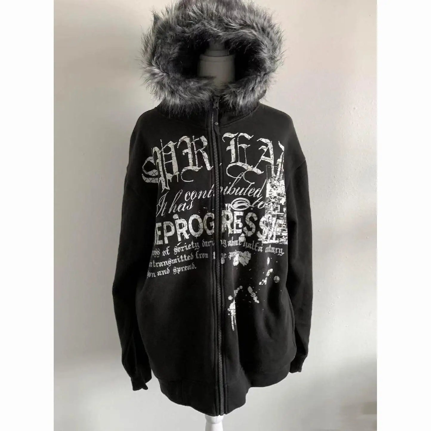 Produit gaming premium Fraquane American Vintage Black Faux Fur Sweatshirts Women Letter Printed Subculture Coats with Hooded Female Gothic Harajuku Jackets Y2k