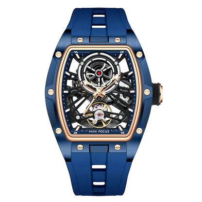 Reloj de pulsera MINI FOCUS para hombre, negro, a la moda, resistente al agua, mecánico automático, con manecillas luminosas, correa de silicona y esfera tonneau