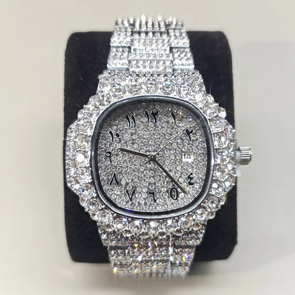 Luxury Brand Men Quartz Watch Fashion Square Hip Hop Diamond Out Sparkling Jewelry Waterproof Stainless Steel Wristwatch Man New