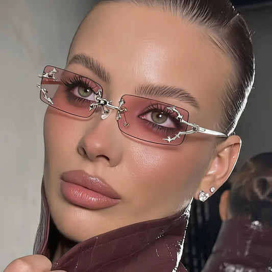 Y2K Rimless Square Star Sunglasses for Women Fashion Vintage Silver Hip Hop Driving UV400 Eyewear Alloy Frame Outdoor Men Punk