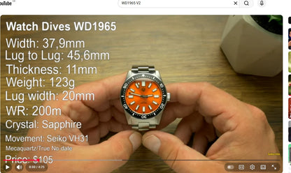 Watchdives Wd1965 V2 Fashion Quartz Wristwatches Vh31 Sapphire Man Watches Luxury Stainless Steel 200M Waterproof Diver Watch