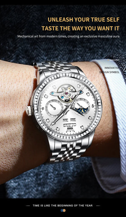 OLEVS 7016 Automatic Man Watch Stainless Steel Diamond Bezel Skeleton Flywheel Moon Phase Luminous Waterproof Mechanical Watches