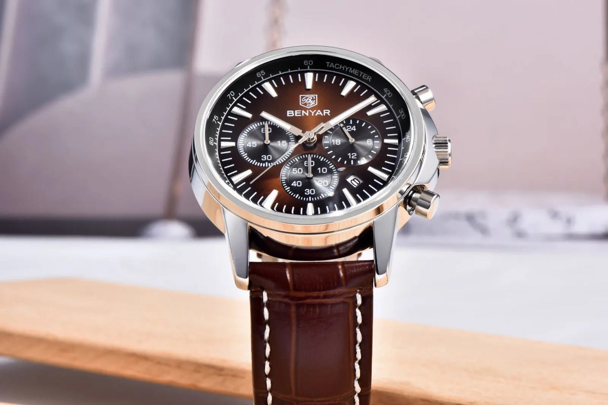 Orologio di lusso da uomo Benyar – Cronografo con datario, cinturino in pelle, impermeabile, luminescente, stile sportivo e militare, orologio al quarzo