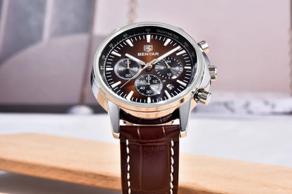 Orologio di lusso da uomo Benyar – Cronografo con datario, cinturino in pelle, impermeabile, luminescente, stile sportivo e militare, orologio al quarzo
