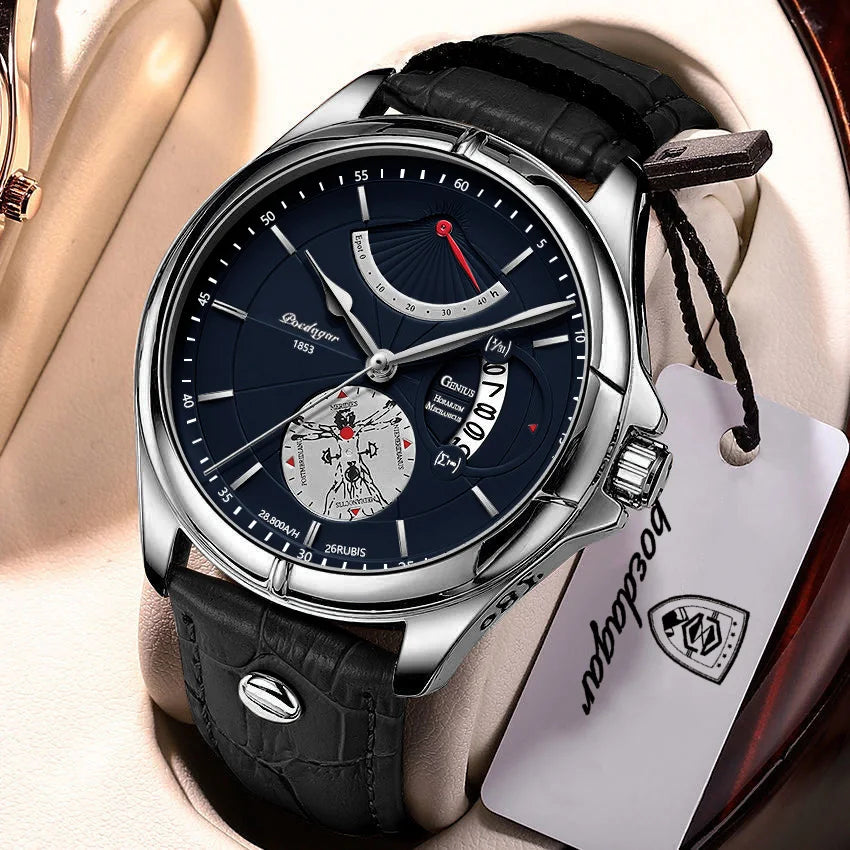 Orologio da polso al quarzo POEDAGAR da uomo – Stile business, di lusso, impermeabile, luminescente, con datario e cinturino in pelle – Elegante orologio da uomo