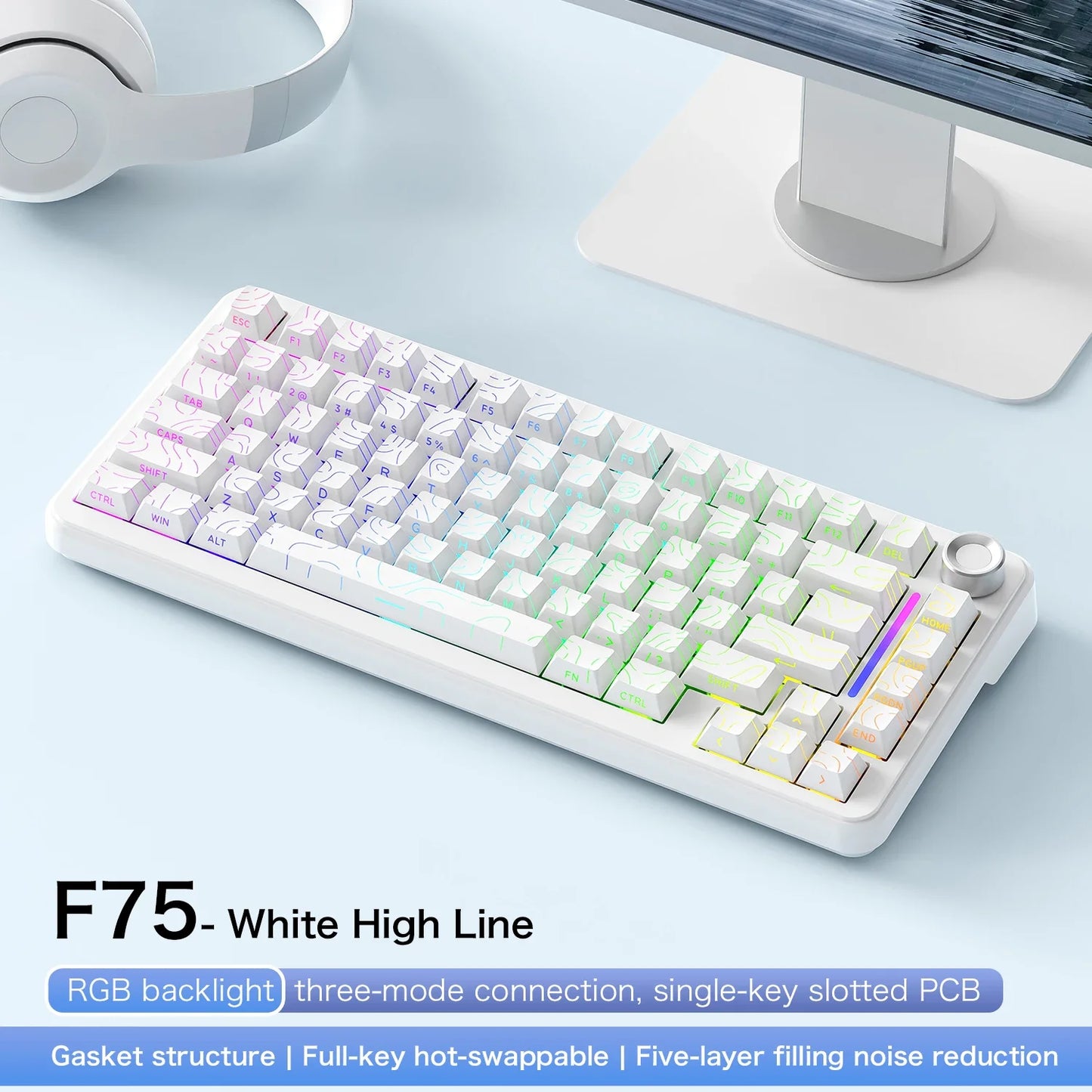 FREEWOLF F75 Gaming Mechanical Keyboard, 75% Tri-Mode Wireless Bluetooth, AULA F75 Same Model, RGB Hot Swappable PBT 4000mAh