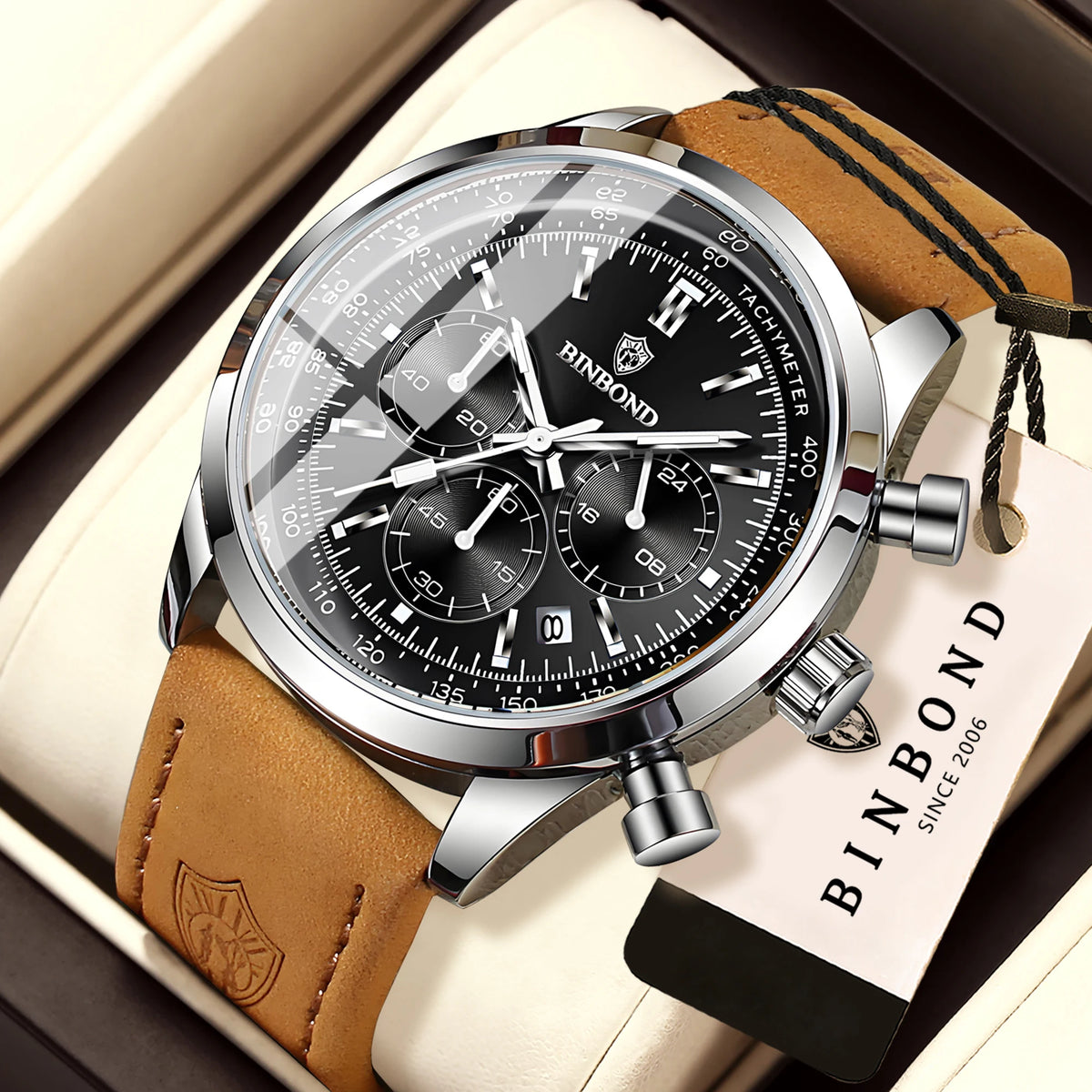 Orologio cronografo BINBOND al quarzo, robusto e preciso, da uomo, di lusso, con data automatica, luminescente e impermeabile, in stile casual.