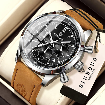 Orologio cronografo BINBOND al quarzo, robusto e preciso, da uomo, di lusso, con data automatica, luminescente e impermeabile, in stile casual.