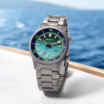BERNY Automatic Full Titanium Diver Watch For Men Supper Luminous Sappire AR Coated Miyota 8215 Dual Crown Mechanical Dive Watch