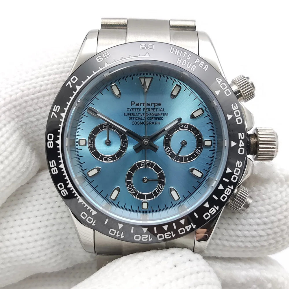 Zegarek kwarcowy dla mężczyzn 39 mm – luksusowy chronograf, modny, z szafirowym szkiełkiem, stylowy, sportowy, z bransoletą ze stali nierdzewnej