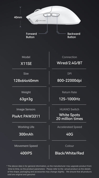 ATTACK SHARK X11 X11 SE Wireless Gaming Mouse 22K DPI PAW3311 63g Lightweight Tri-Mode Bluetooth/2.4G/Wired 20M Clicks RGB