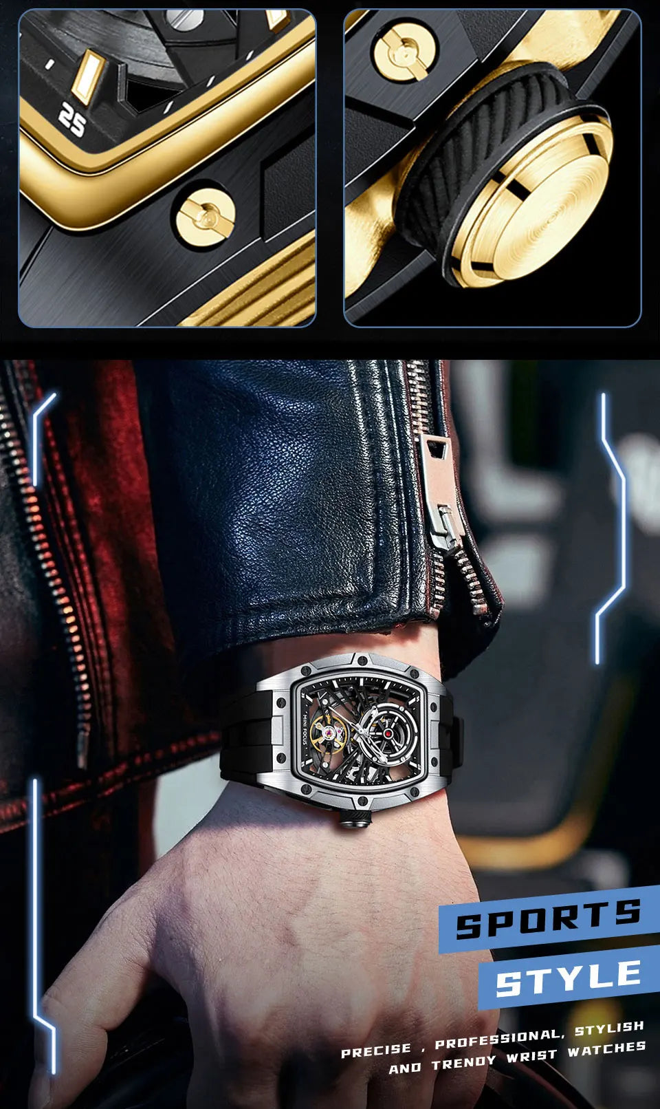 Reloj de pulsera MINI FOCUS para hombre, negro, a la moda, resistente al agua, mecánico automático, con manecillas luminosas, correa de silicona y esfera tonneau