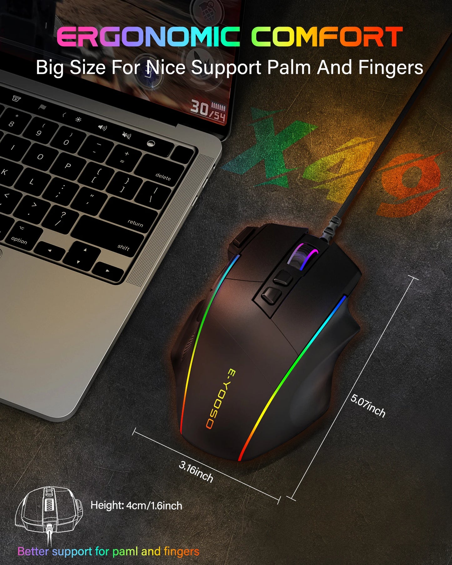 E-YOOSO X49 Wired Gaming Mouse 12400 DPI Adjustable, RGB Backlit, 8 Programmable Buttons, Ergonomic Gamer Mouse for PC Laptop