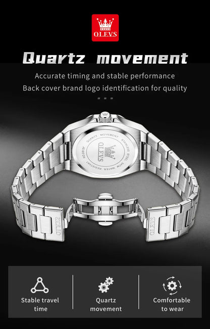 Montres OLEVS pour homme : montre de luxe classique à quartz, argentée et bleue, étanche, en acier inoxydable, luminescente, Reloj Hombre