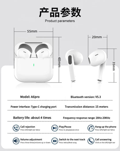 UEESFIT A6 TWS Wireless Bluetooth Earphone Headphones Touch Control Earbuds IPX5 Waterproof Sports HIFI Sound Headset with Mic