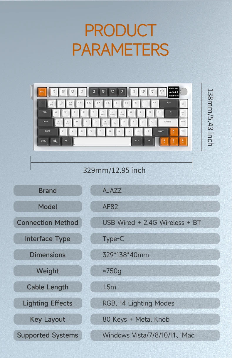 AJAZZ AF82 Low-Proflie Electrostatic Keyboard  4000mAh Trl-Mode 75% Type-C Display Screen  Keyboard Office Gaming E-sport