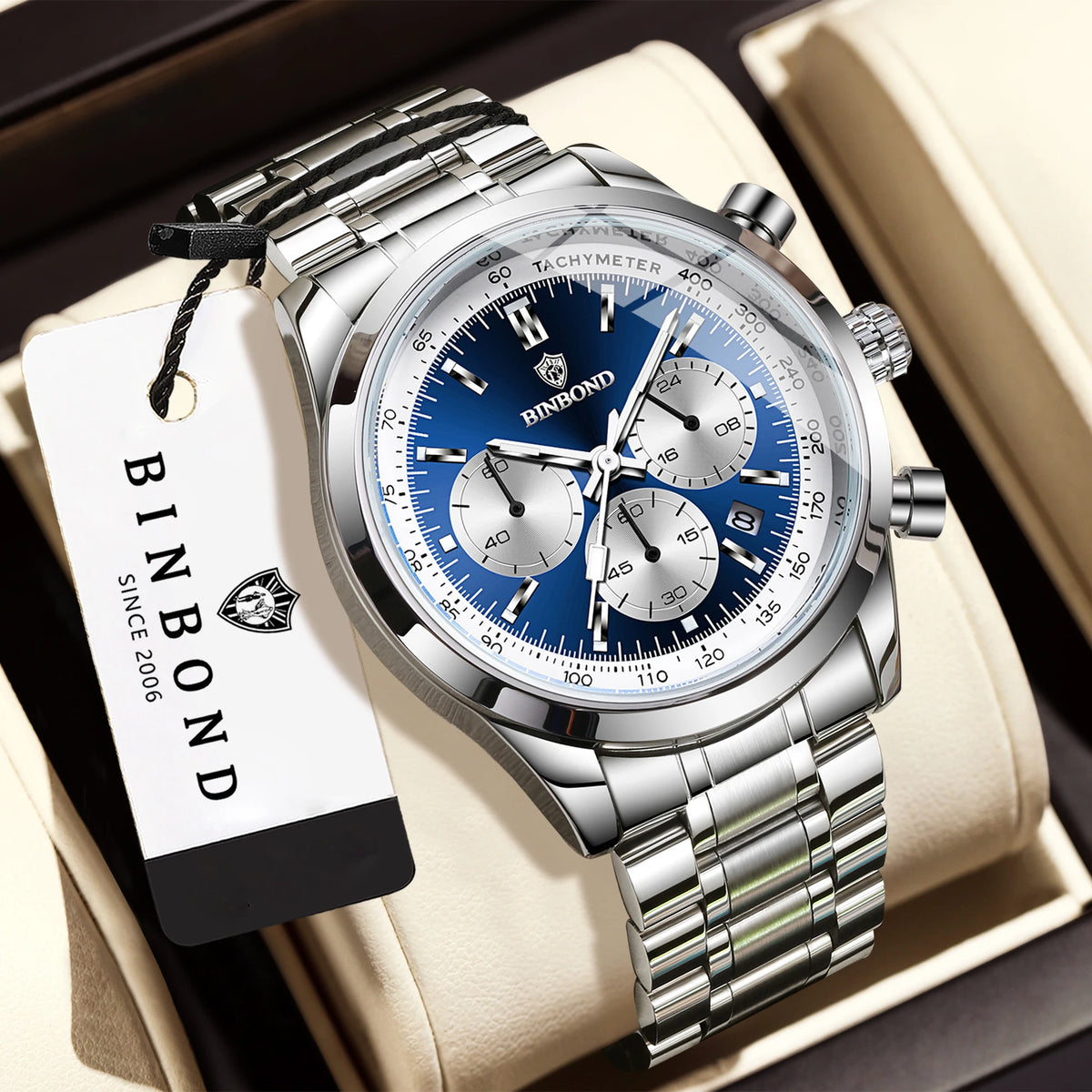 Orologio al quarzo BINBOND da uomo, elegante, robusto e preciso, con data automatica, cronografo, luminescente e impermeabile. Stile casual.