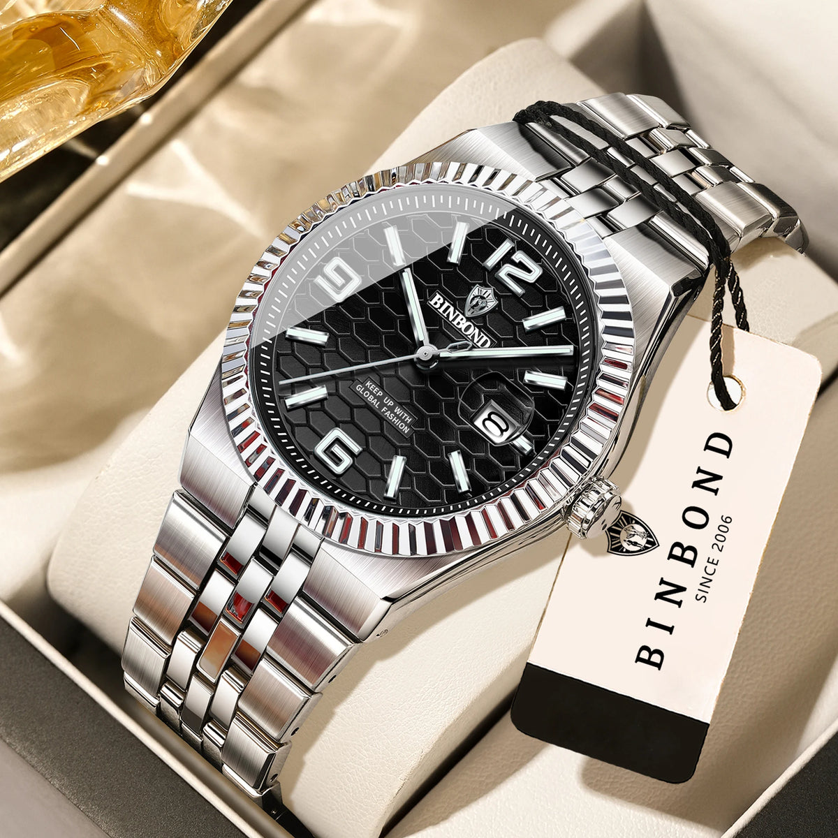 Luxus-Quarz-Armbanduhr von BINBOND, beleuchtet, wasserdicht, mit automatischem Datumsanzeige, für Herren, aus Edelstahl, im Business-, Sport-, Mode- und Freizeit-Stil.