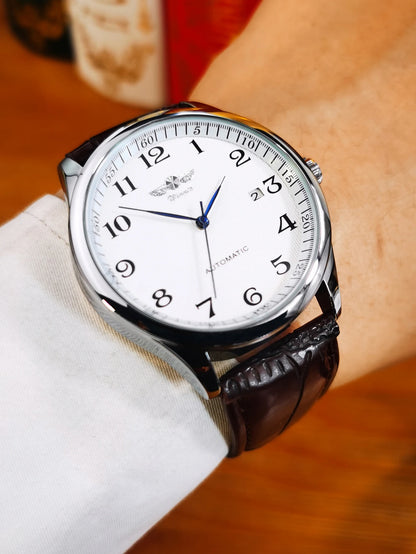 Orologio da uomo WINNER – Stile classico, retrò ed elegante – Orologio meccanico a carica automatica con calendario – Marchio di lusso, cassa in acciaio e cinturino in pelle