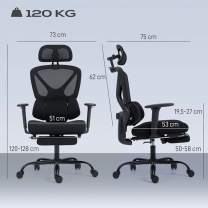 Ergonomic office chair with wheels, mesh fabric, lumbar support, adjustable armrests, and headrest.
