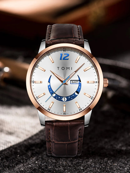 TOMI-kvartsur, elegant i affärsstil, med läderarmband, boett i legering och urtavla med visare – Exklusiv design, presentidé för män