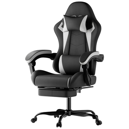 Comanlai Gaming Chair with Footrest Ergonomic High Back Computer Chair with Adjustable Headrest Lumbar Support PU Swivel Chair