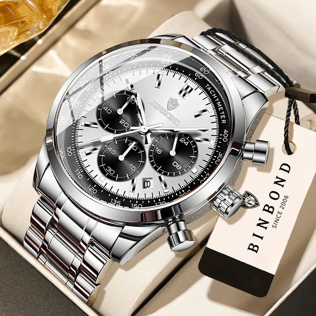 Orologio al quarzo BINBOND da uomo, elegante, robusto e preciso, con data automatica, cronografo, luminescente e impermeabile. Stile casual.