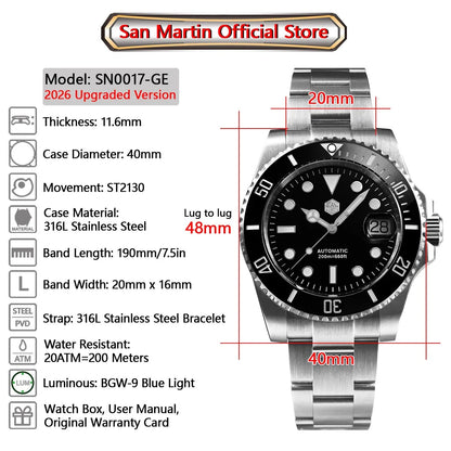 San Martin Upgraded Version 40mm Water Ghost Diver Watch Men's Luxury Automatic Mechanical Watches Sapphire Waterproof 200m SN0017